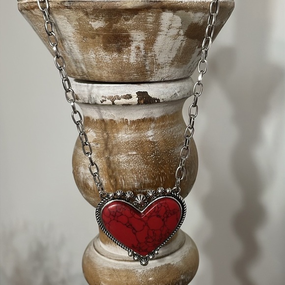 Red Heart Pendant Necklace with ornate silver accents - Picture 5 of 6